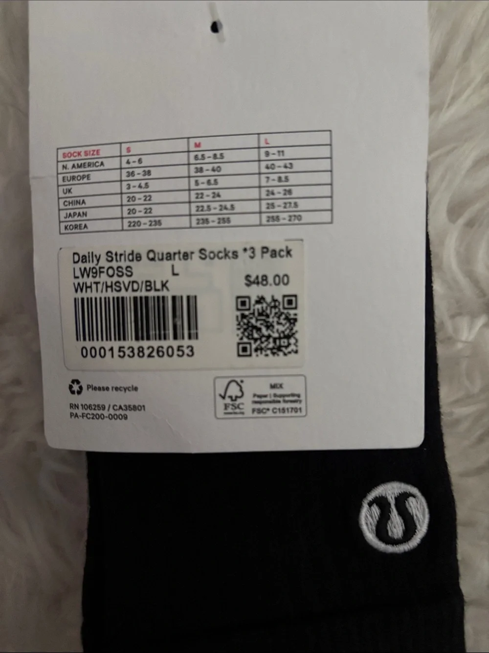 Lululemon Women’s Daily Stride Ribbed Crew Sock *3 pack, Black/Grey/White, Large
